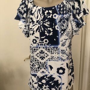 Etro Blue White Batik Style Print Short Flounce Sleeve Lined Blouse 42